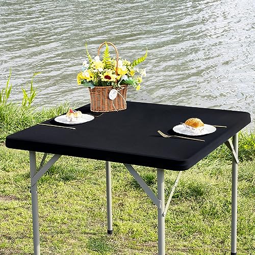 Nacuci Square Fitted Table Cover Elastic Tablecloth Stretch Spandex Tables Top Cover Table Topper Cap for Dining Kitchen Home Party Black 34X34 Inch - Image 1