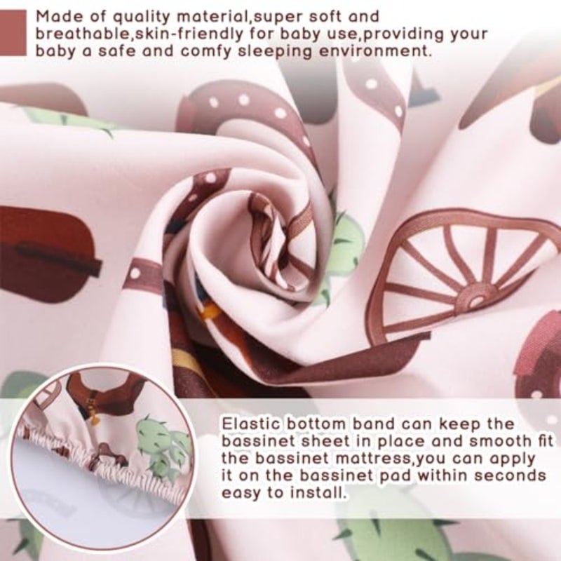 4 Pcs 32 x 16 x 3 Inches Western Bassinet Sheets for Boys Cowboy Crib Sheets Set for Bassinet Mattresses, Rectangle Soft Breathable West Jockey Print Newborn Bedding for Girl Boys - Image 2