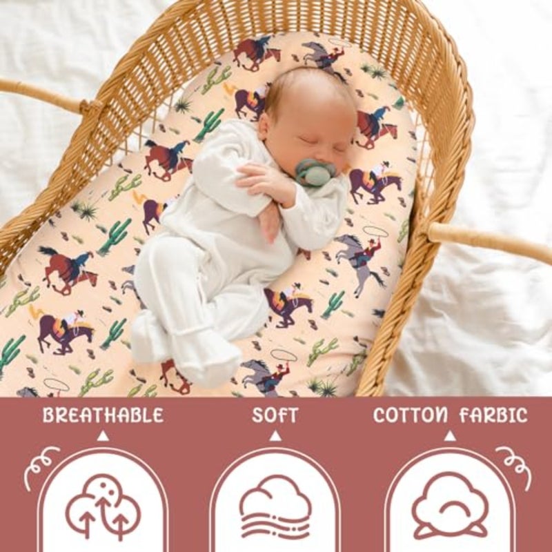 4 Pcs 32 x 16 x 3 Inches Western Bassinet Sheets for Boys Cowboy Crib Sheets Set for Bassinet Mattresses, Rectangle Soft Breathable West Jockey Print Newborn Bedding for Girl Boys - Image 4