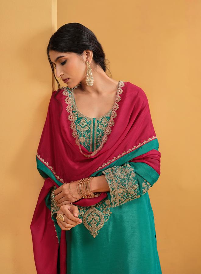 ISHIN Women's Green Chinon Embellished Tunic Upperwear Knee Length Palazzo Bottomwear Straight Fit 3 Peice Kurta Set - Image 5