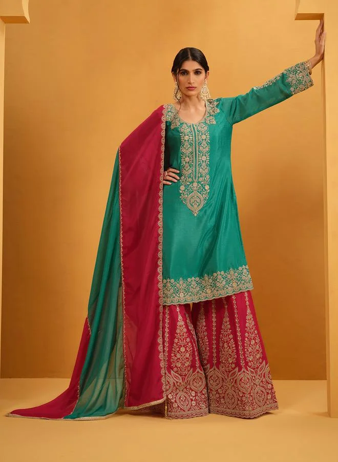 ISHIN Women's Green Chinon Embellished Tunic Upperwear Knee Length Palazzo Bottomwear Straight Fit 3 Peice Kurta Set