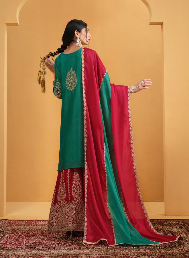 ISHIN Women's Green Chinon Embellished Tunic Upperwear Knee Length Palazzo Bottomwear Straight Fit 3 Peice Kurta Set - Image 2