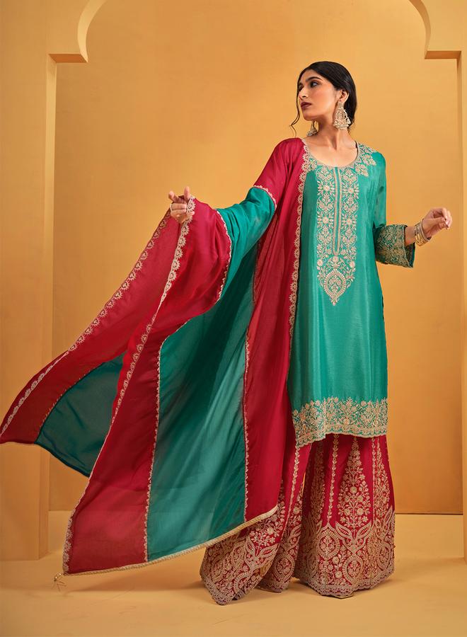 ISHIN Women's Green Chinon Embellished Tunic Upperwear Knee Length Palazzo Bottomwear Straight Fit 3 Peice Kurta Set - Image 3