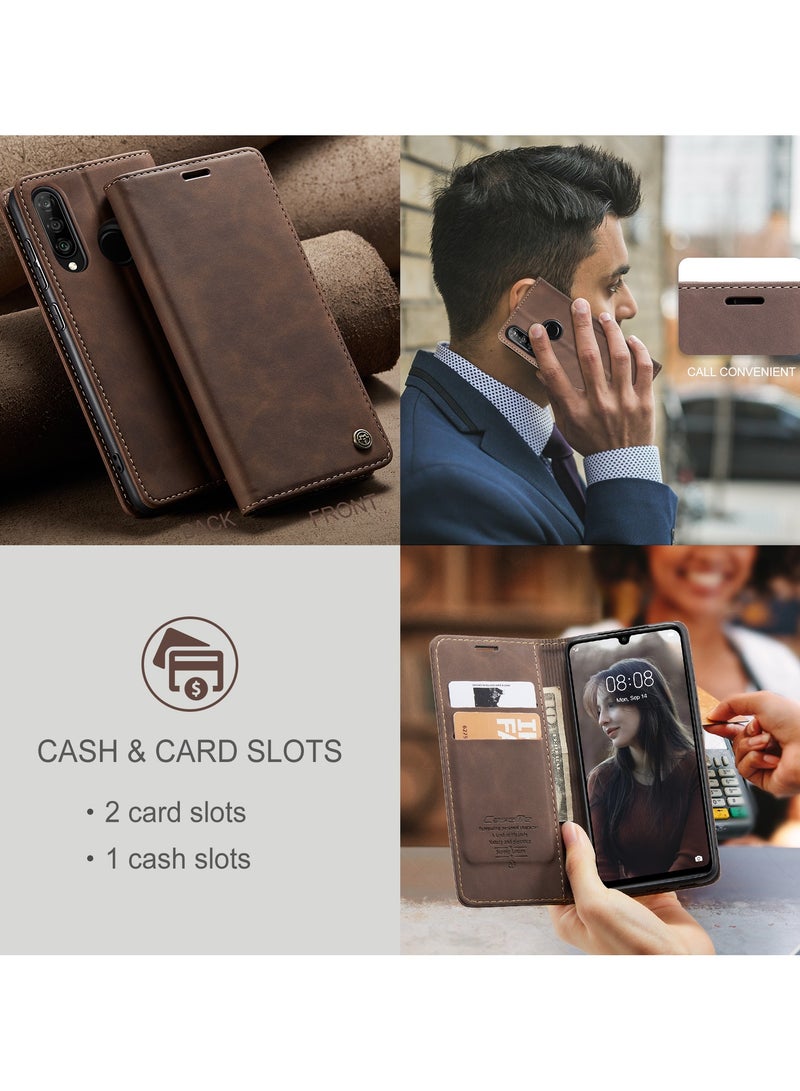 CaseMe Phone Case Luxury PU Leather Design 013 Flip Cover Card Slot Holder Cover For Huawei P30 Lite (Coffe) - Image 5