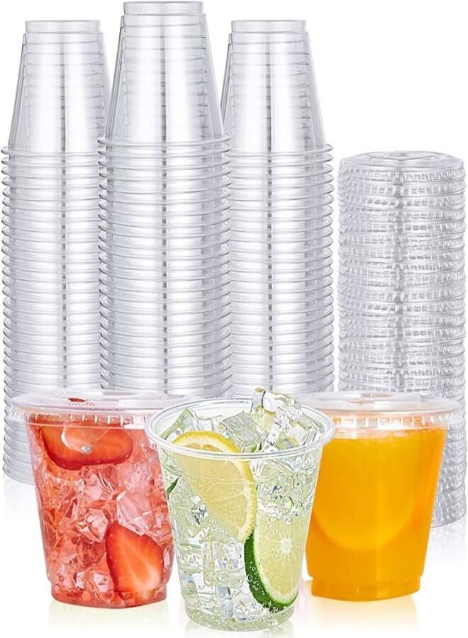 Lilymicky [200 PACK] 9oz Clear Plastic Cups With Flat Lids, Crystal PET Parfait Cups, Cold Party Dringking Cups for Ice Coffee/ Cream Dessert/ Cold drinks