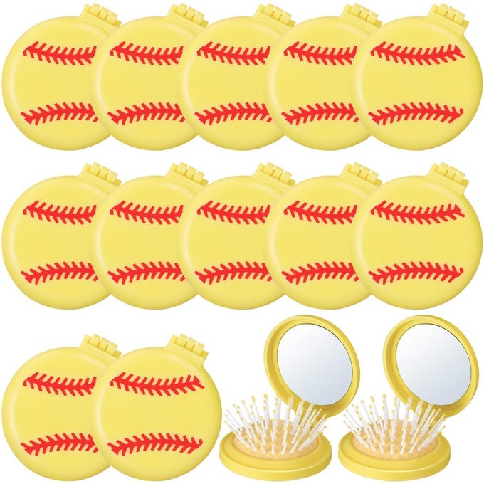 12 PCS SOFTBALL FOLDABLE TRAVEL MIRROR HAIR BRUSHES ROUND PORTABLE FOLDING POCKET HAIR BRUSH MINI HAIR COMB WITH COMPACT MAKEUP MIRROR FOR WOMEN GIRLS SOFTBALL TEAM GIFT SPORT PARTY
