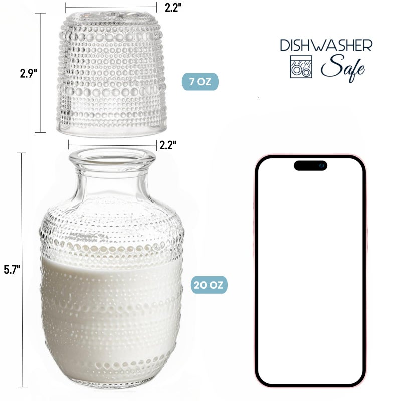 ZOOFOX Set of 2 Vintage Bedside Water Carafe and Glass Set, Clear Embossed Night Water Carafe with Tumbler Glasses, Elegant Pitcher and Matching Drinking Glass, Easy-Access for the Night - Image 2