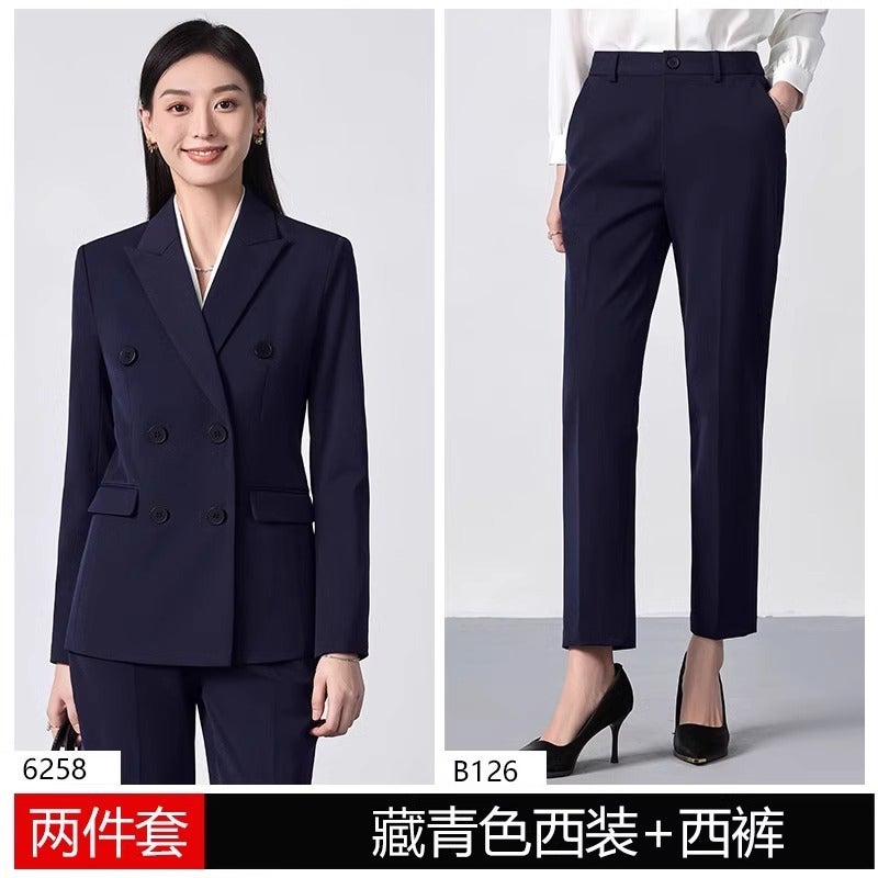 Suit suit Womens Business Wear Temperament Commuter Civil Servants Dress Interview Clothing Spring and Autumn Work Clothes Suit Jacket Blue suit + trousers - Image 1