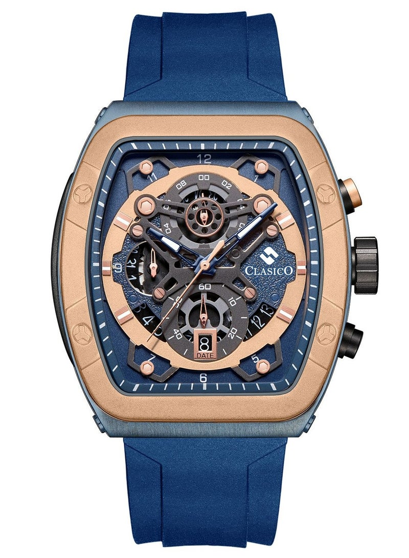 Clasico ساعة كرونوغراف فاخرة بـ 6 عقارب – إصدار هيكل تونيو باللون الكوبالت الأزرق والذهبي مع حزام سيليكون فاخر – حركة Elite Y121 – تصميم مقاوم للماء - Image 1