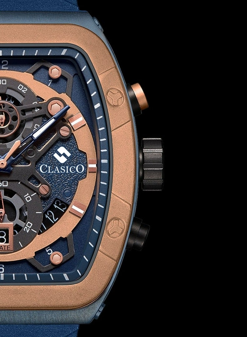 Clasico ساعة كرونوغراف فاخرة بـ 6 عقارب – إصدار هيكل تونيو باللون الكوبالت الأزرق والذهبي مع حزام سيليكون فاخر – حركة Elite Y121 – تصميم مقاوم للماء - Image 2
