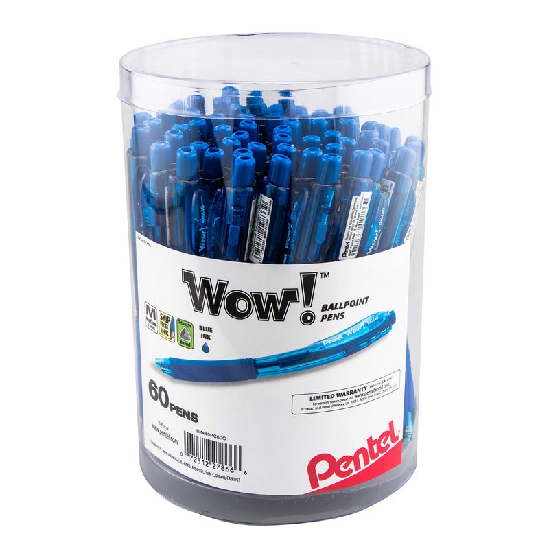 Pentel WOW Ballpoint Pen 10mm Medium Line Blue Ink Pack of 60 Canister BK440PC60C - Image 2