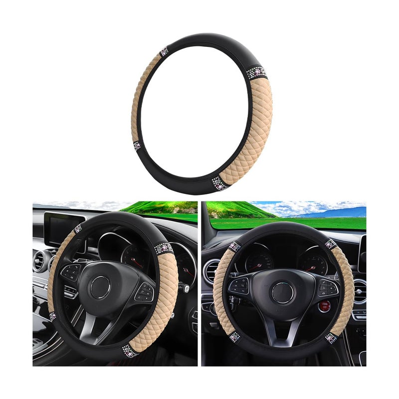 Bling Soft Leather Steering Wheel Cover 15 Inch Colorful Rhinestones Auto Elastic Steering Wheel Protector Sparkly Crystal Diamond for Women Girls Car Interior Accessories Beige