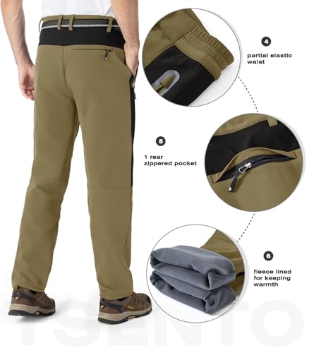 YSENTO Men's Fleece Lined Ski Snow Pants Winter Waterproof Softshell Insulated Hiking Cargo Pants Khaki Size 40 - Image 5