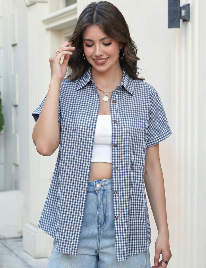 Kistore Women Short Sleeve Plaid Button Up Shirt Y2K Button Down Collared Blouse Summer Vintage Oversized Gingham Top - Image 5