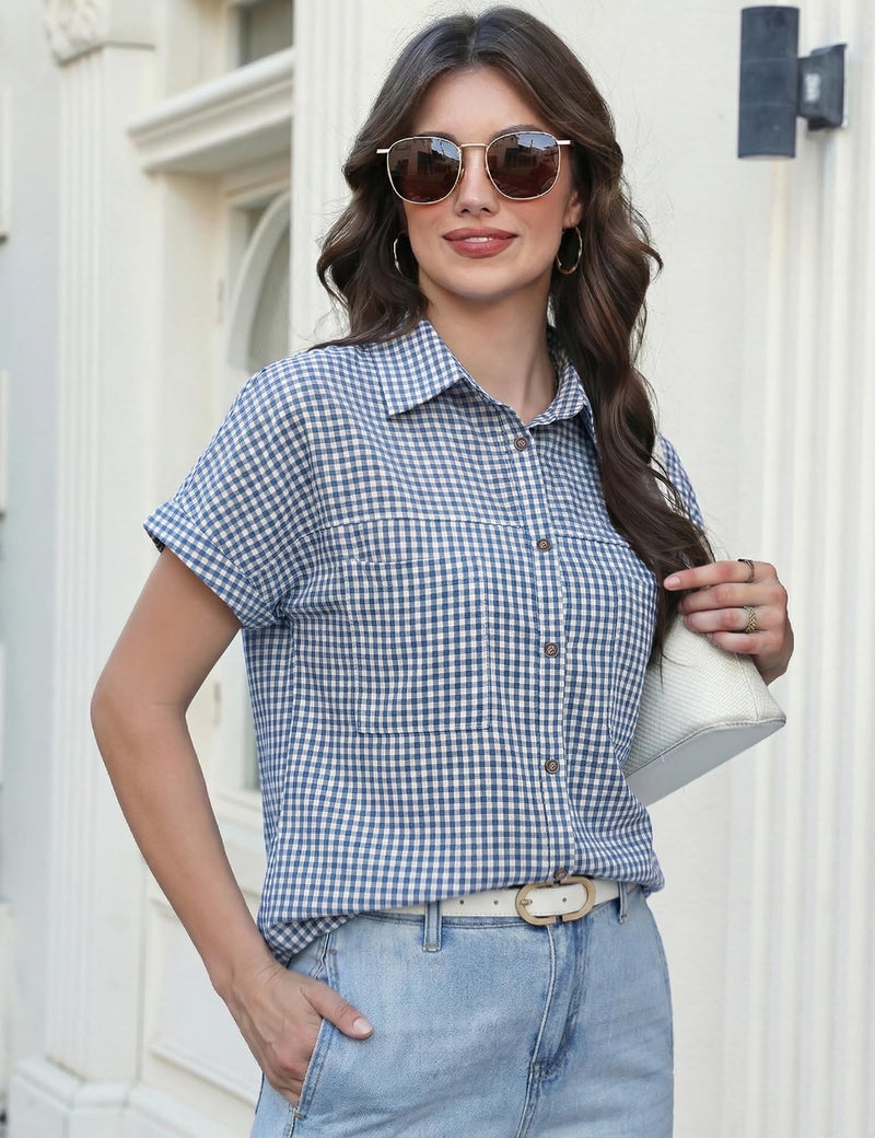 Kistore Women Short Sleeve Plaid Button Up Shirt Y2K Button Down Collared Blouse Summer Vintage Oversized Gingham Top - Image 2