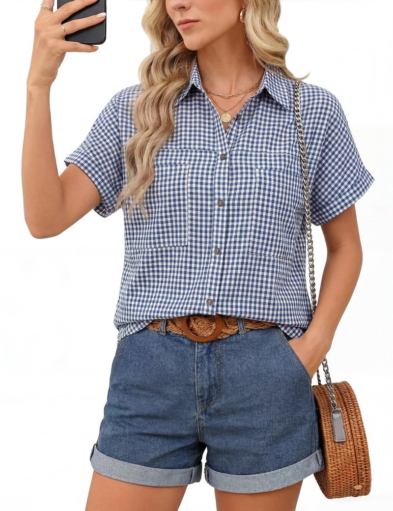 Kistore Women Short Sleeve Plaid Button Up Shirt Y2K Button Down Collared Blouse Summer Vintage Oversized Gingham Top - Image 1