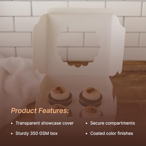mudrit Cupcake Boxes with Insert, Brown Cupcake Carrier, Food Grade Kraft Bakery Boxes with Windows and Inserts to Fit 4 Each Pack For Cupcakes Muffins or Pastries (White, Pack of 10) - Image 2