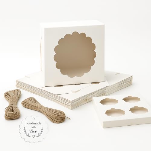 mudrit Cupcake Boxes with Insert, Brown Cupcake Carrier, Food Grade Kraft Bakery Boxes with Windows and Inserts to Fit 4 Each Pack For Cupcakes Muffins or Pastries (White, Pack of 10) - Image 1