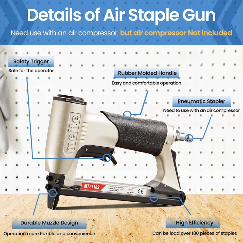 Meite MT7116S Pneumatic Upholstery Stapler 22 Gauge 71 Series 3/8" Crown Industrial Fine Wire Stapler with Safety - Image 5