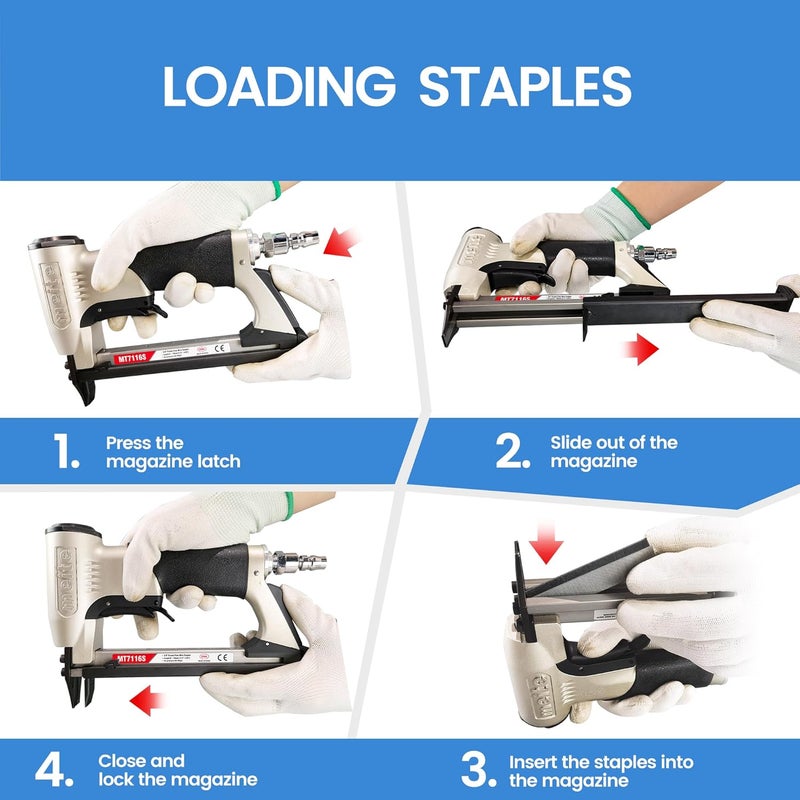 Meite MT7116S Pneumatic Upholstery Stapler 22 Gauge 71 Series 3/8" Crown Industrial Fine Wire Stapler with Safety - Image 4