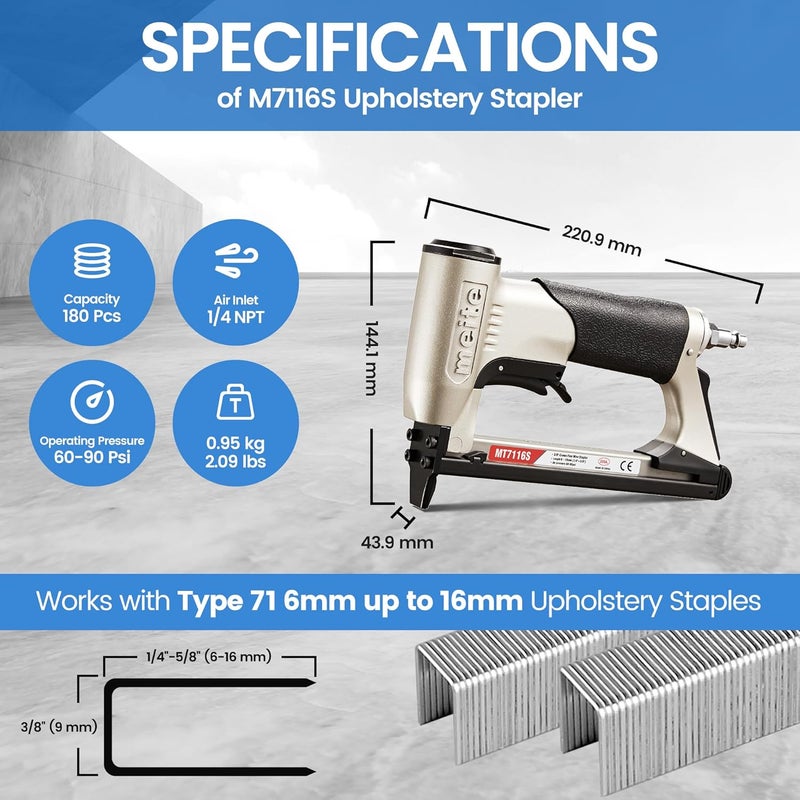 Meite MT7116S Pneumatic Upholstery Stapler 22 Gauge 71 Series 3/8" Crown Industrial Fine Wire Stapler with Safety - Image 2