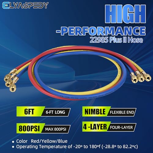 Elyaspedy 2025 Upgrade 22985 Plus II Manifold Hose Set，72",Low Loss,Standard 1/4" FL to 1/4" FL Vacuum Certified Refrigerant Hose,for R410A and All Common Refrigerants- 800 PSI Working Pressure,(Pack of 3) - Image 2