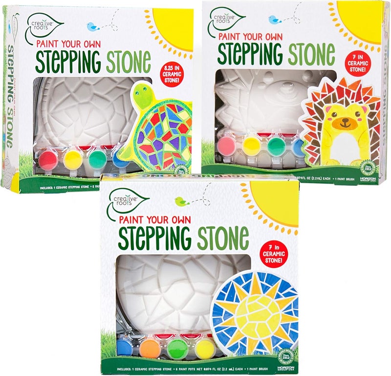 Creative Roots Mosaic Turtle, Hedgehog, & Sun - 3-Pack 7-Inch Ceramic Stepping Stones & 6 Vibrant Paints, Paint Your Own DIY Stepping Stones for Kids Ages 8+ - Image 1