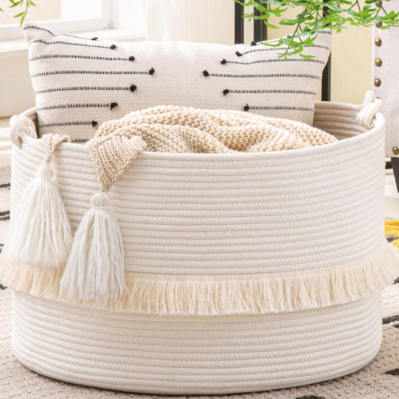 KAKAMAY Large Blanket Basket (20"x13"),Woven Baskets for storage Baby Laundry Hamper, Cotton Rope Blanket Basket for Living Room, Laundry, Nursery, Pillows, Baby Toy chest (White) - Image 1
