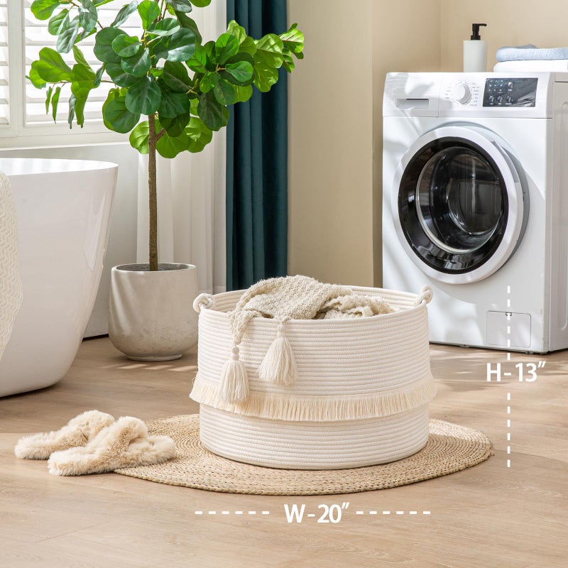 KAKAMAY Large Blanket Basket (20"x13"),Woven Baskets for storage Baby Laundry Hamper, Cotton Rope Blanket Basket for Living Room, Laundry, Nursery, Pillows, Baby Toy chest (White) - Image 3