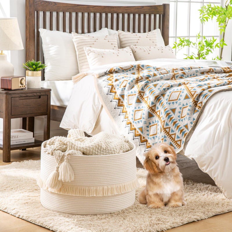 KAKAMAY Large Blanket Basket (20"x13"),Woven Baskets for storage Baby Laundry Hamper, Cotton Rope Blanket Basket for Living Room, Laundry, Nursery, Pillows, Baby Toy chest (White) - Image 4