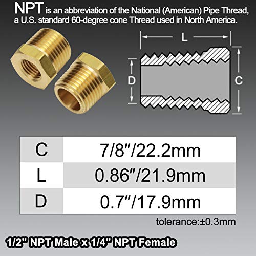 Boeray 2pcs 1/2 Inch NPT Male to 1/4 Inch NPT Female Reducer Brass Pipe Hose Tube Fitting Reducing Hex Head Bushing Adapter Convert - Image 2