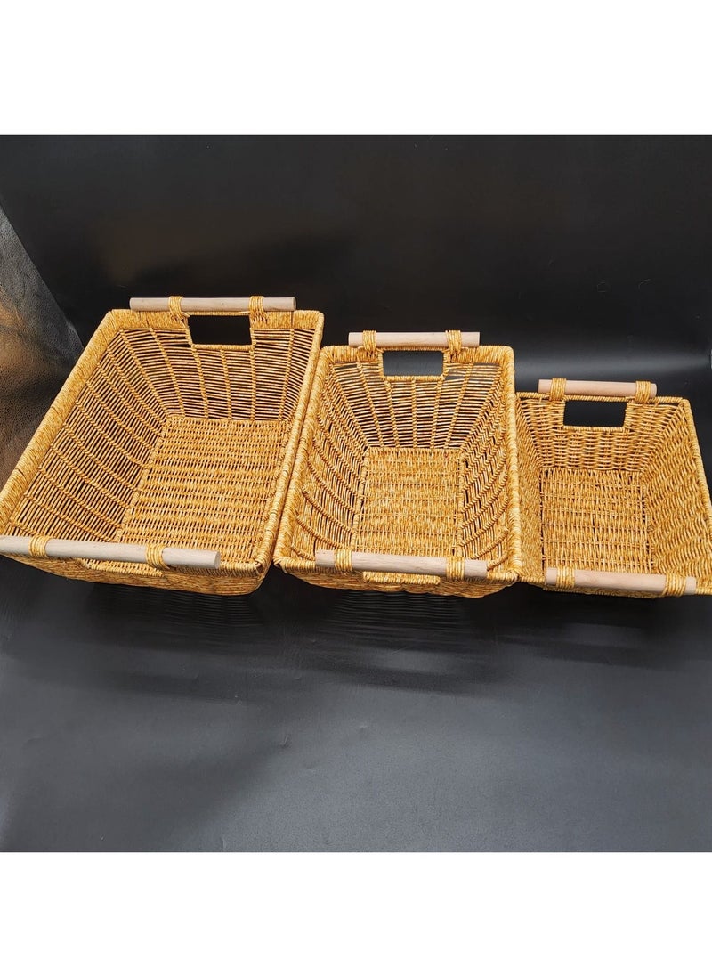 Wicker Basket Rectangular with Wooden Handles for Shelves Natural Baskets for Organizing Wicker Baskets for Storage Set of 3pcs Wicker Baskets for Shelves