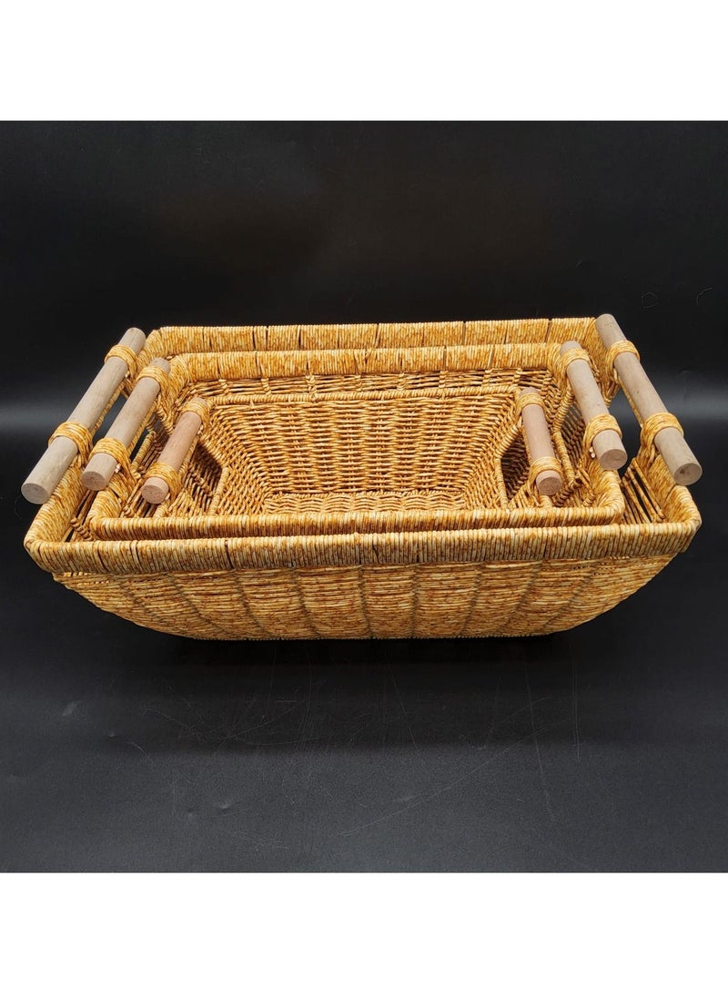 Wicker Basket Rectangular with Wooden Handles for Shelves Natural Baskets for Organizing Wicker Baskets for Storage Set of 3pcs Wicker Baskets for Shelves