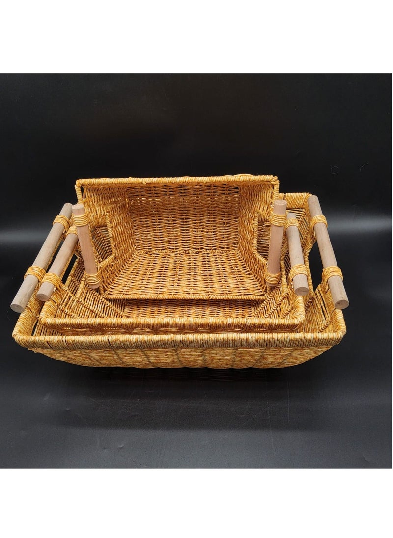 Wicker Basket Rectangular with Wooden Handles for Shelves Natural Baskets for Organizing Wicker Baskets for Storage Set of 3pcs Wicker Baskets for Shelves