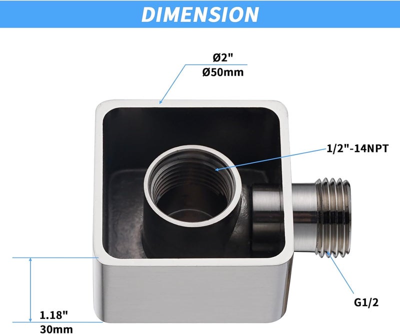 UCLIMAA Wall Supply Elbow for Handshower, Brass Square Wall Mount Shower Hose Connectorm1/2 for Handheld Hand Shower-Brushed Nicke - Image 4