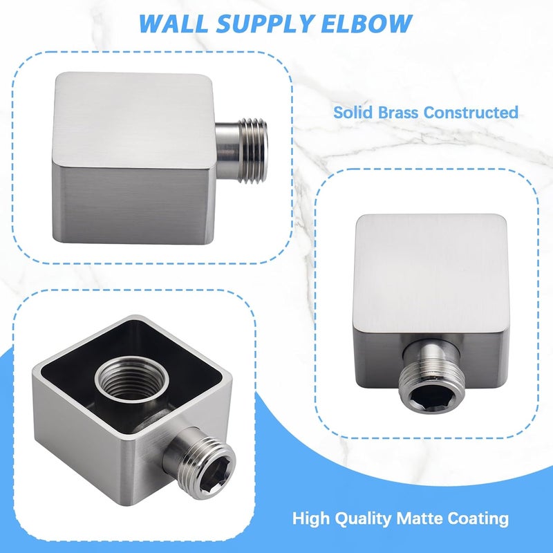 UCLIMAA Wall Supply Elbow for Handshower, Brass Square Wall Mount Shower Hose Connectorm1/2 for Handheld Hand Shower-Brushed Nicke - Image 5