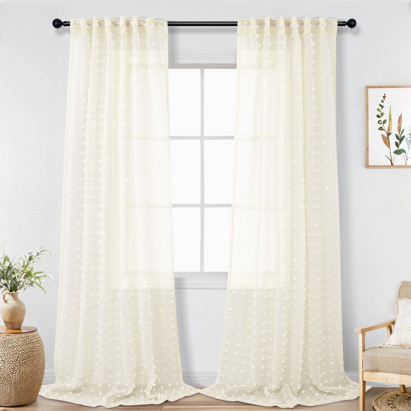 DANCURTON Sheer Curtains 102 Inches Long Cream Ivory Pom Pom Sheers Living Room Bedroom Curtain Transparent Voile Window Treatments Drapes Lovely Boho Shabby Chic Decor 2 Panels Sets Back Tab 52x102 - Image 1