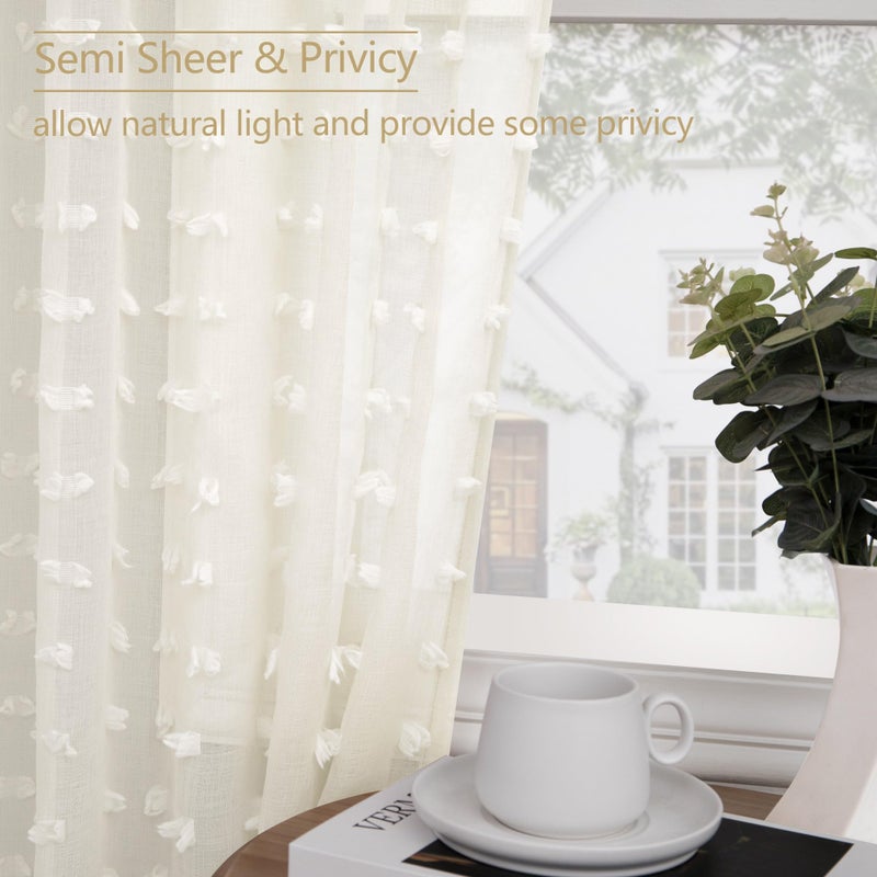 DANCURTON Sheer Curtains 102 Inches Long Cream Ivory Pom Pom Sheers Living Room Bedroom Curtain Transparent Voile Window Treatments Drapes Lovely Boho Shabby Chic Decor 2 Panels Sets Back Tab 52x102 - Image 4