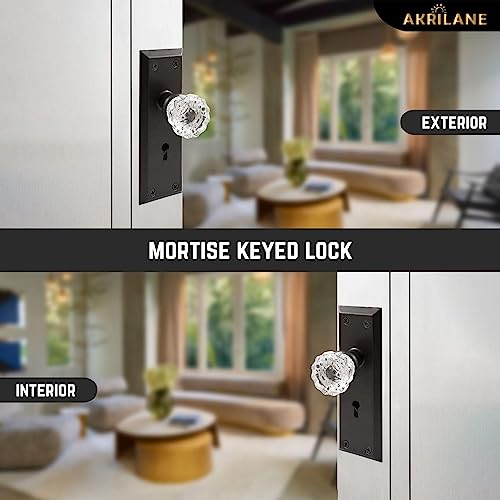 AKRILANE Mortise Lock Set Interior Door Antique & Vintage Style Knob with Keys - Crystal Matte Black - Image 3