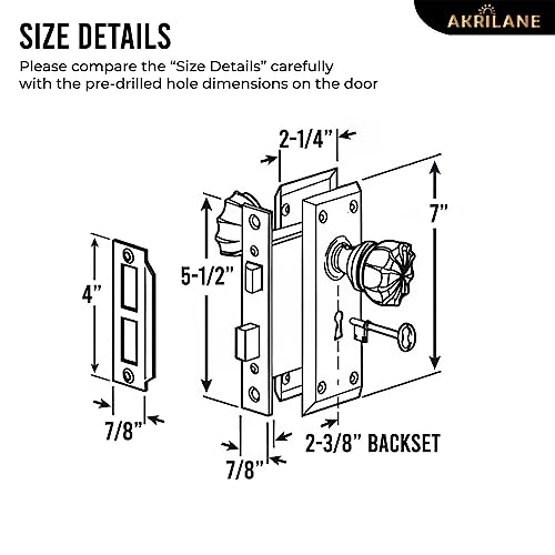 AKRILANE Mortise Lock Set Interior Door Antique & Vintage Style Knob with Keys - Crystal Matte Black - Image 4