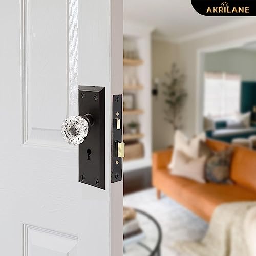 AKRILANE Mortise Lock Set Interior Door Antique & Vintage Style Knob with Keys - Crystal Matte Black - Image 2