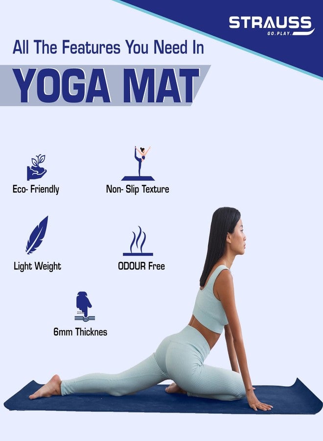 STRAUSS Yoga Mat with Carry Bag | Anti-Slip Exercise Mat for Women & Men | Home Gym Workout, Yoga, Pilates | Eco-friendly | Non-Slip Surface | Lightweight & Durable | 6mm (Blue) - Image 2