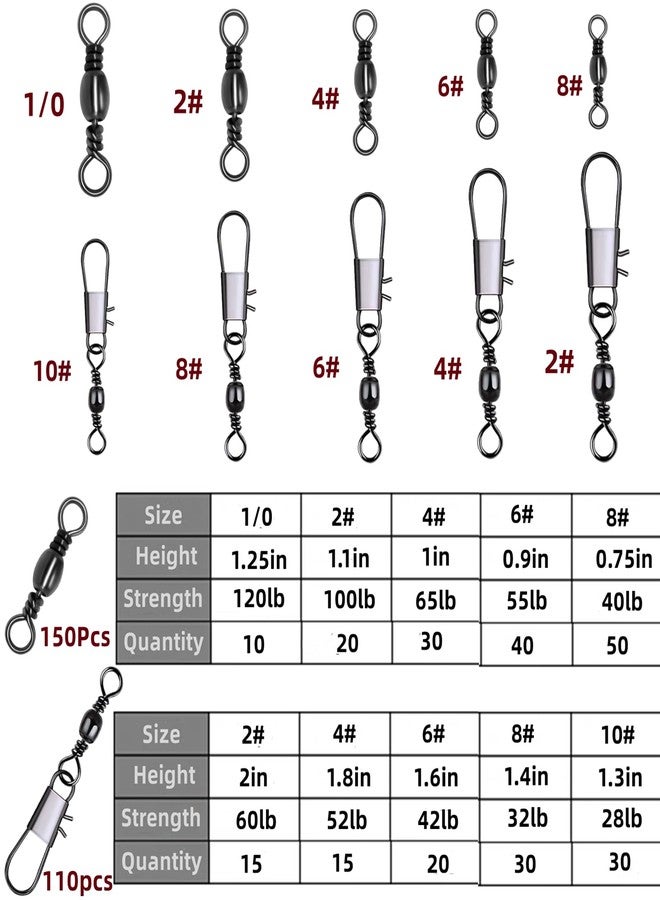 DAMIDEL 260Pcs/Box with Stainless Steel Fishing Barrel Swivels 150Pcs /Barrel Swivels with Snaps 110Pcs Mix,High Strength Connector for Quick Change Fishing Lure or Line Tackle Saltwater Freshwater - Image 3