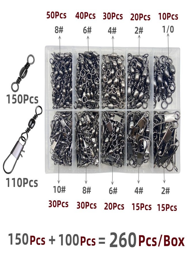 DAMIDEL 260Pcs/Box with Stainless Steel Fishing Barrel Swivels 150Pcs /Barrel Swivels with Snaps 110Pcs Mix,High Strength Connector for Quick Change Fishing Lure or Line Tackle Saltwater Freshwater - Image 2