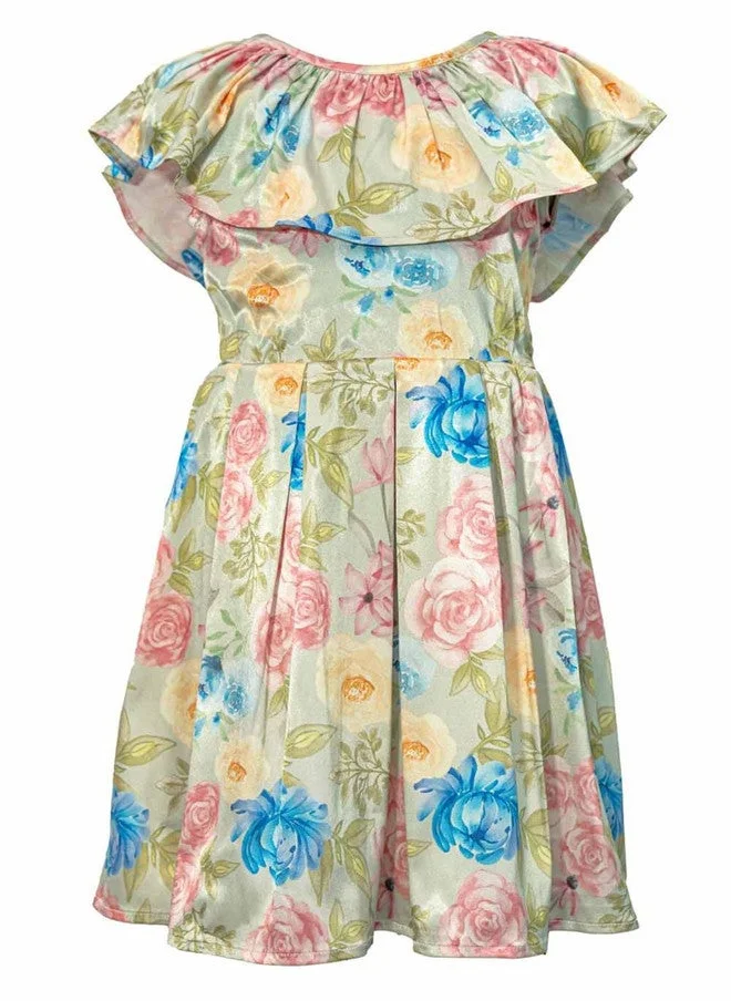 Luxe & Hardy Girls Satin Floral Print Cape Sleeves Fit & Flare Dress