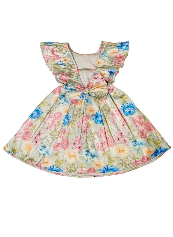 Luxe & Hardy Girls Satin Floral Print Cape Sleeves Fit & Flare Dress