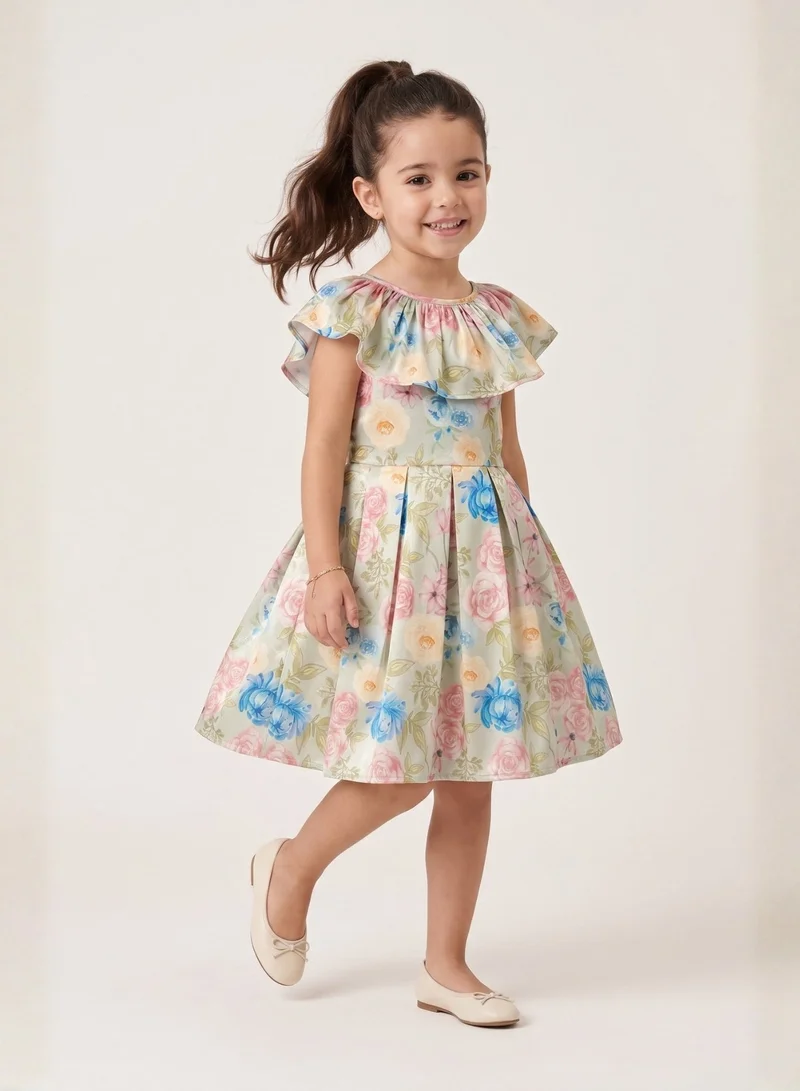 Luxe & Hardy Girls Satin Floral Print Cape Sleeves Fit & Flare Dress