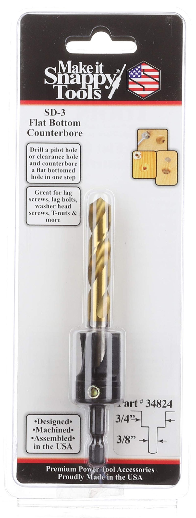 Make It Snappy Tools 3/8 Inch X 3/4 Inch 3-Flute Flat Bottom Counterbore With Tin Coated Twist Drill #34824 - Image 2