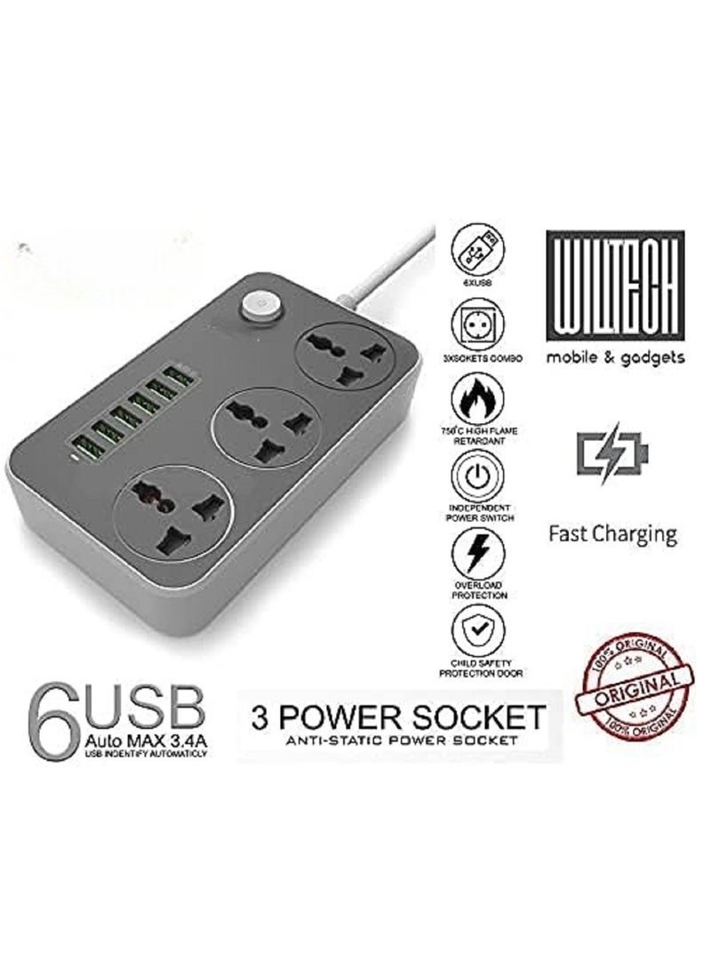 Advanced Anti-Static Power Socket with 6 USB Ports and 3 UK Plugs, Equipped with 3.4A Output, Alongside a 3-Meter Extension Cord for Versatile Use and High Voltage Compatibility  - Image 5