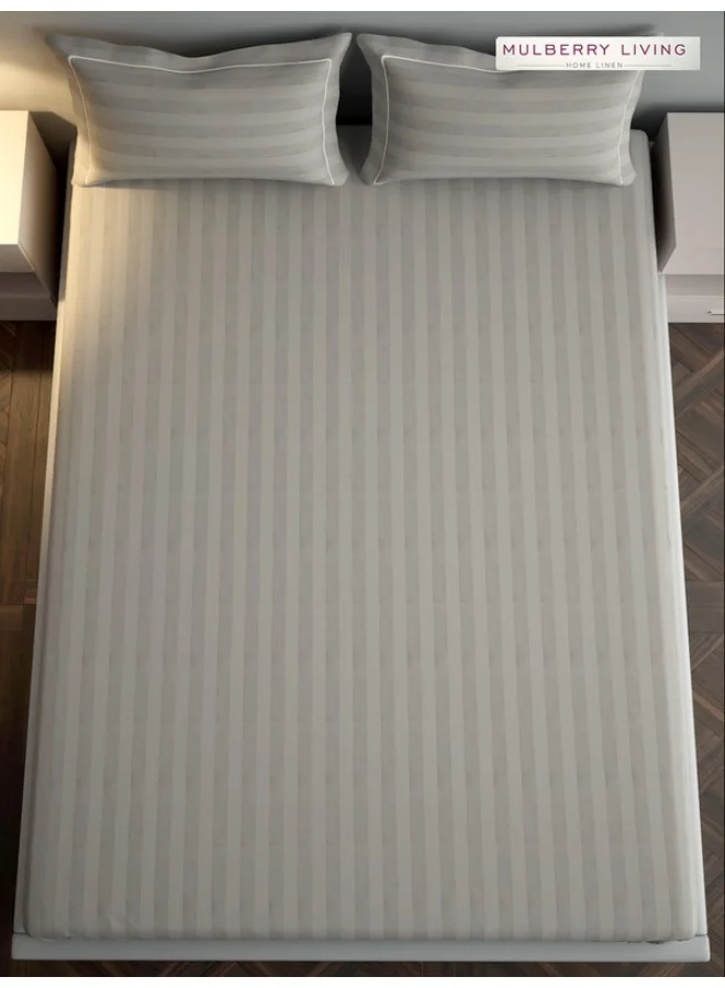 MULBERRY LIVING 100% Cotton - 300Tc Elysian Stripes Queen Size (250X260 Cms) Flat Bedsheet With 2 Pillow Covers (50X75 Cm) - Silver Grey